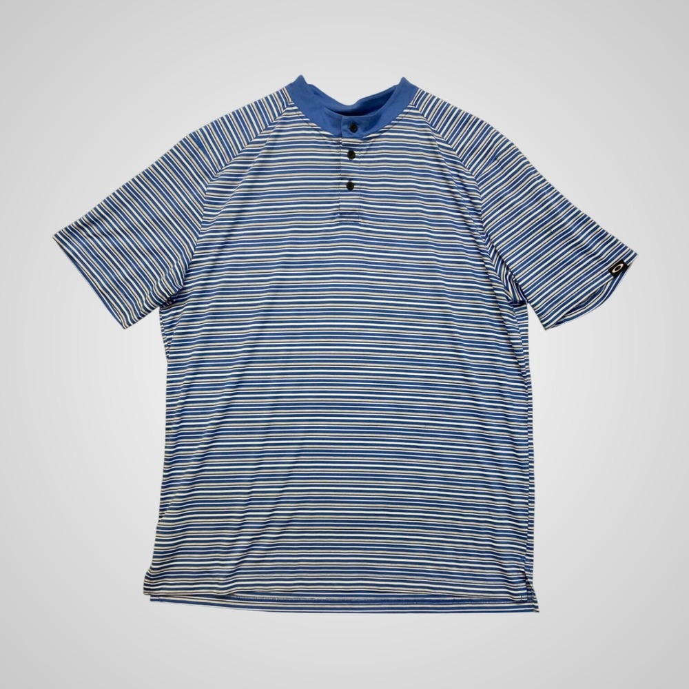 Oakley Golf Polo Shirt Men XL Blue Striped Hydrolix Mock Neck‎ Henley Excellent